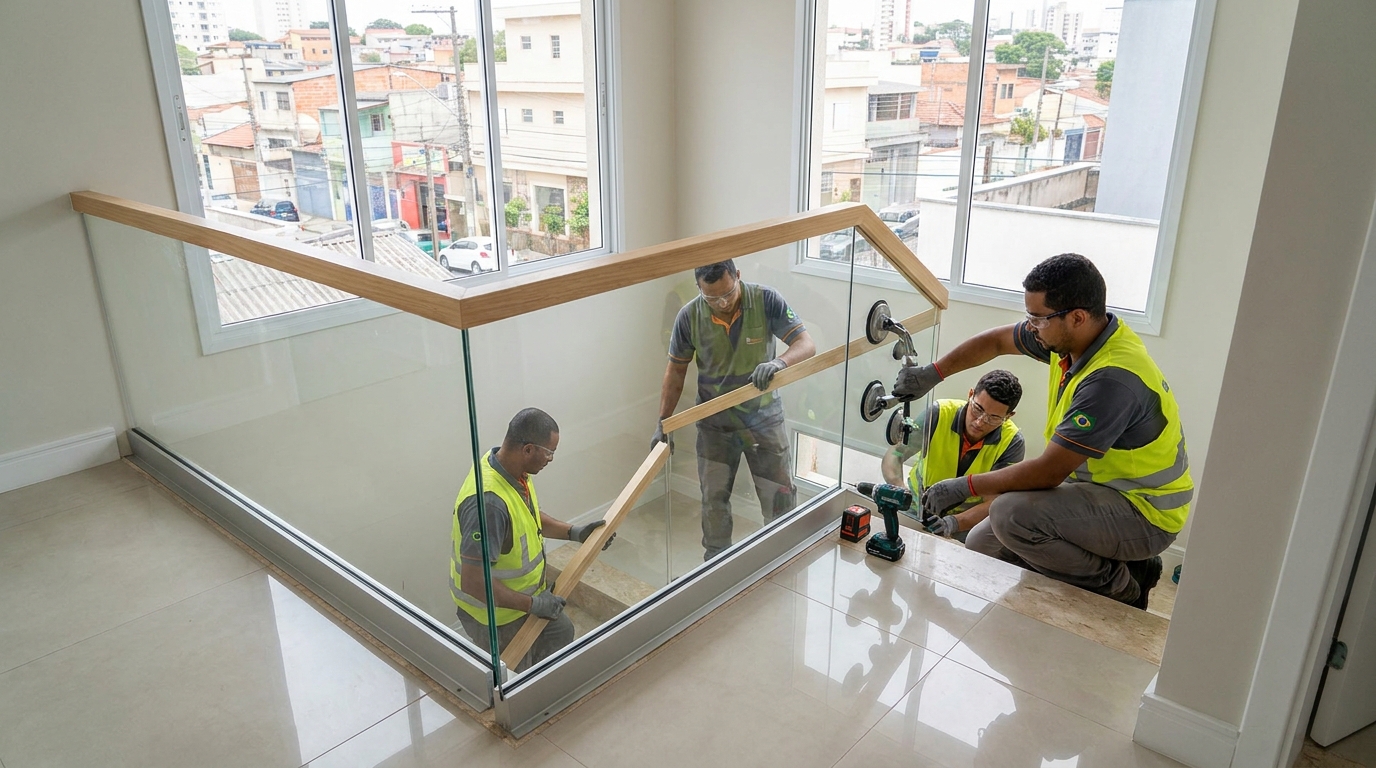 Equipe instalando guarda-corpo de vidro