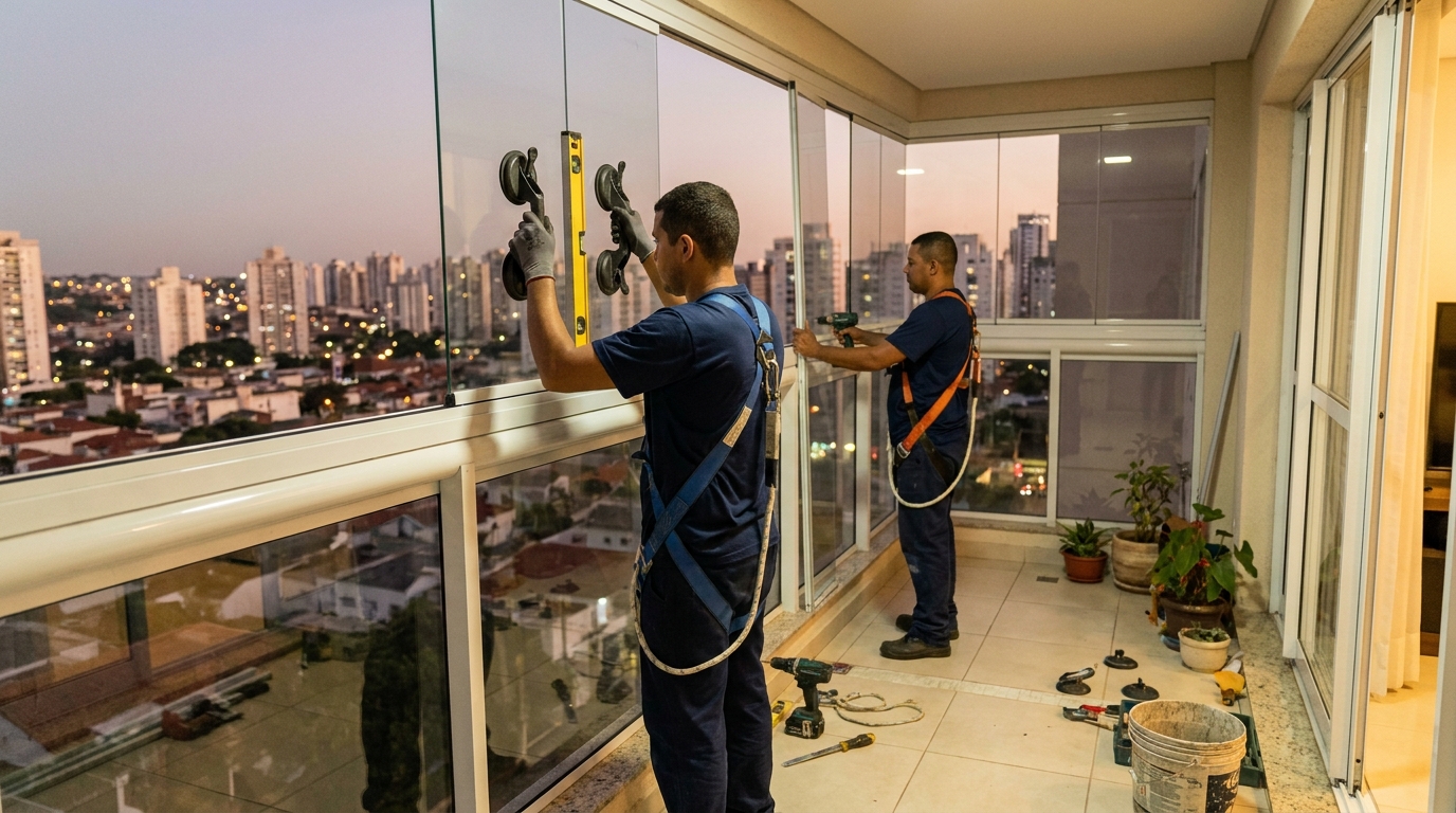 Equipe instalando parede de vidro