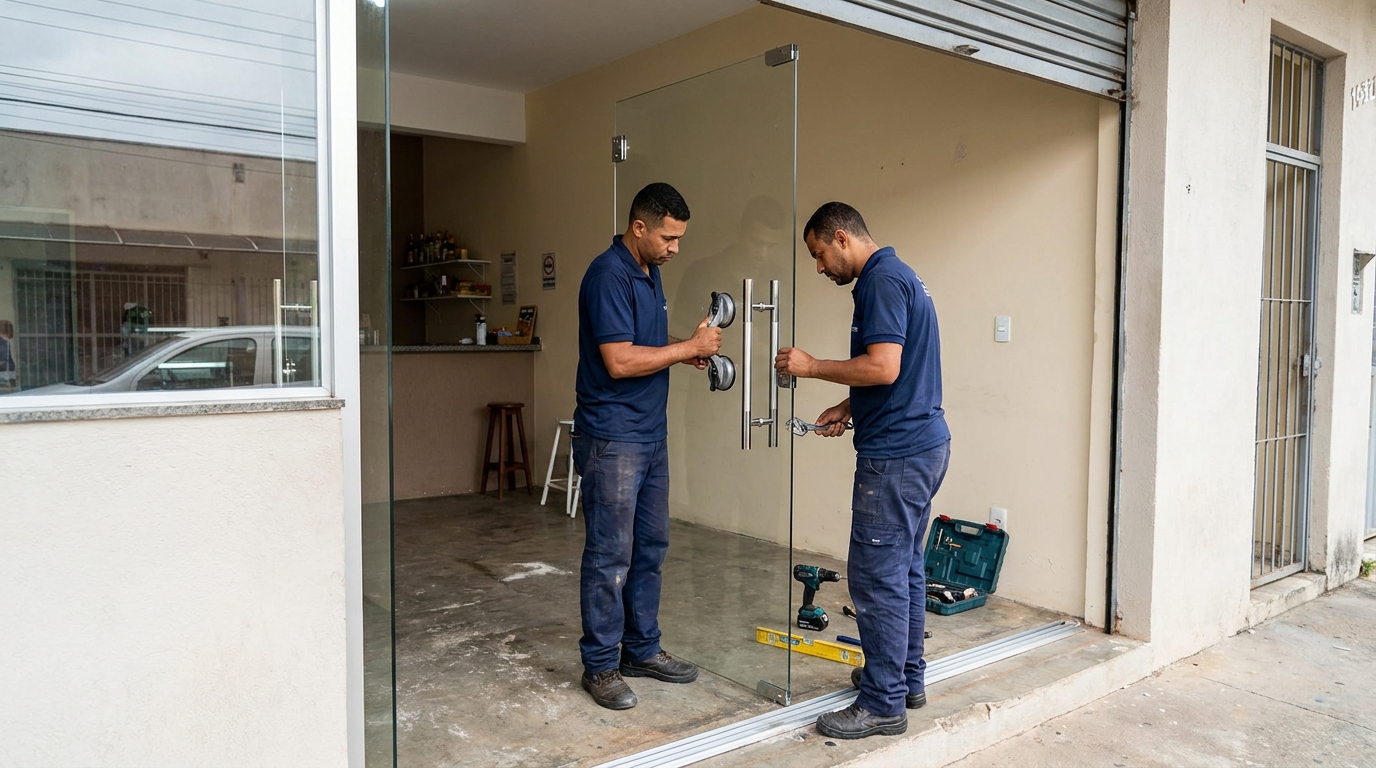 Equipe instalando portas de vidro